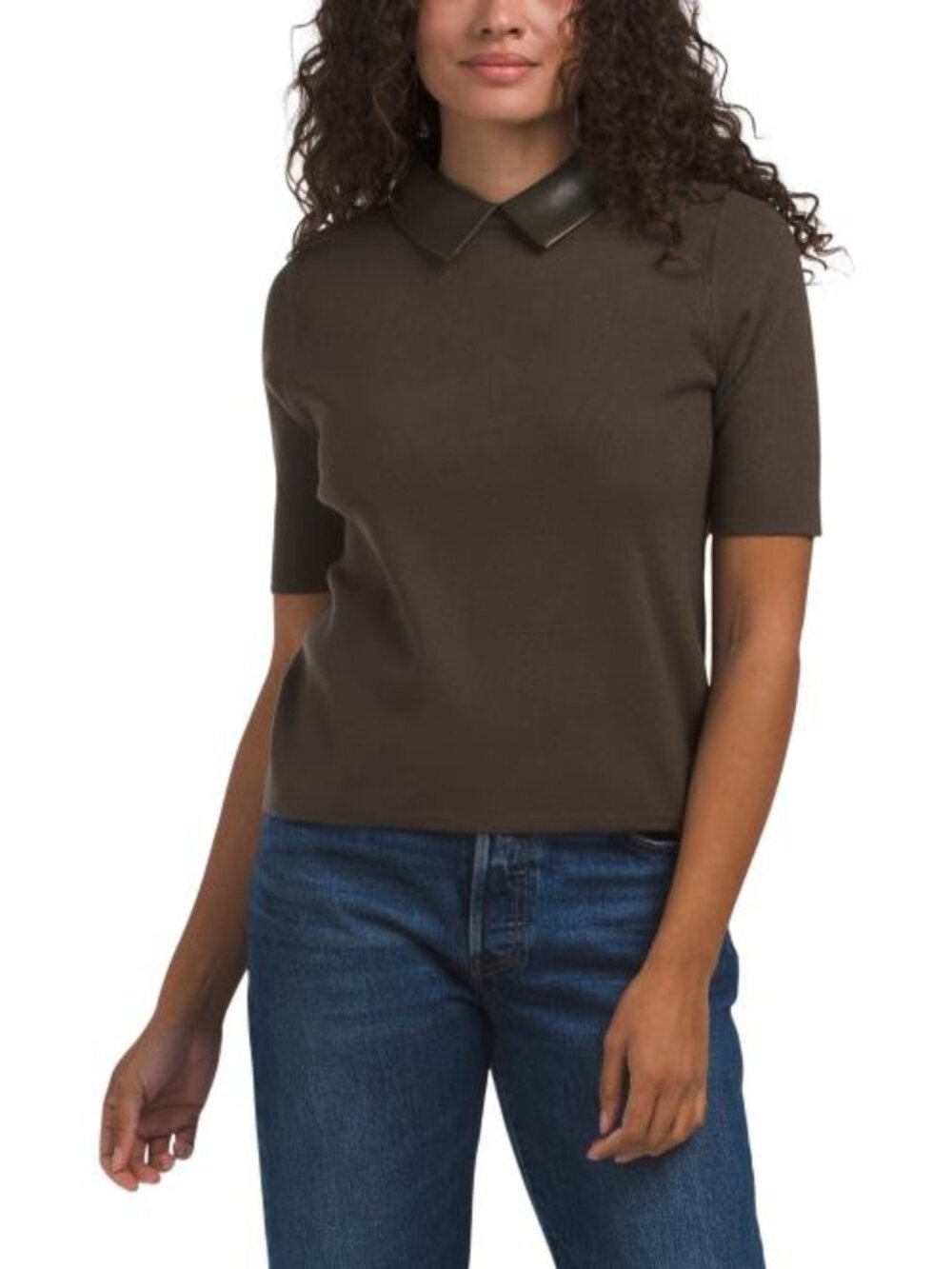 LA VILA MILANO Faux Leather Collar Twofer Short Sleeve Pullover Sweater